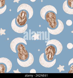 Nahtloses Muster, Aquarell niedlichen Hase, Mond und Sterne Hintergrund. Kindisches Muster im Boho-Stil. Blauer Hintergrund Stockfoto