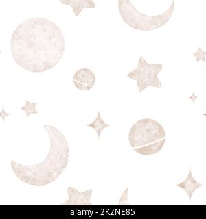 Nahtloses Muster, Aquarell Mond und Sterne Hintergrund. Stockfoto