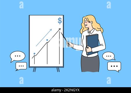 Geschäftsfrau präsentiert innovative Idee auf Flipchart Stockfoto