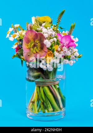 Frühlingsblumen-Arrangement in einer Glasvase Stockfoto