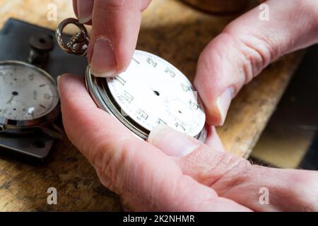 Uhrmacher, der eine Uhr mit Rübentaschen repariert (Detail) Stockfoto