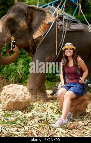 Ein weiteres Häkchen aus meiner Bucket-Liste. Porträt eines jungen Touristen, der in einem tropischen Regenwald sitzt, mit einem Elefanten im Hintergrund. Stockfoto