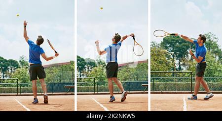 Und so ist es gemacht. Zusammengesetztes Bild eines Tennisspielers beim Servieren. Stockfoto