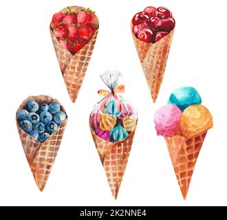 Eiscreme Aquarell Kollektion. Eiscreme in Waffelbecher mit verschiedenen Füllungen. Stockfoto