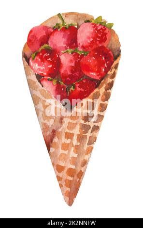 Eiscreme, Wasserfarben, Waffelkegel. Waffel mit Erdbeeren. Stockfoto