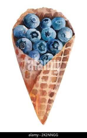 Eiscreme, Wasserfarben, Waffelkegel. Waffel mit Heidelbeeren. Stockfoto