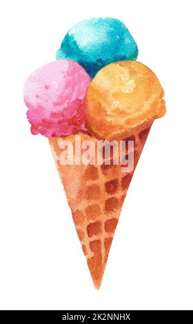 Eiscreme, Wasserfarben, Waffelkegel. Waffel mit drei Kugeln Eis. Stockfoto