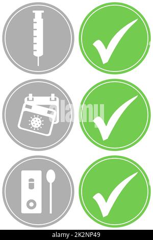 Grüne graue Knöpfe: Geimpft, getestet und genesen mit Häkchen Stockfoto