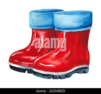 Wasserfarbige Stiefel. Rote Regenstiefel mit blauen Kragen. Stockfoto