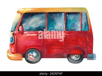 Aquarell-Van. Ein rotes Auto, um wie ein Van zu reisen. Stockfoto