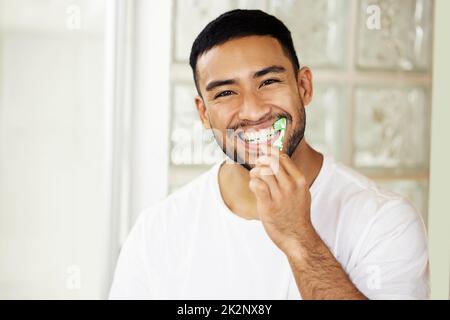 Das ist die beste Zahnpasta, der Beweis liegt in meinem Lächeln. Aufnahme eines hübschen jungen Mannes, der sich zu Hause die Zähne putzt. Stockfoto