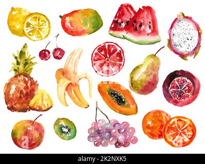 Aquarell Sammlung von Früchten. Verschiedene exotische Früchte auf weißem Hintergrund. Stockfoto