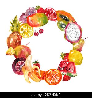 Aquarell Zusammensetzung von verschiedenen Früchten. Obst-Vignette. Stockfoto