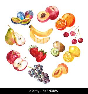 Aquarell Zusammensetzung von verschiedenen Früchten. Fruchtkreis. Stockfoto