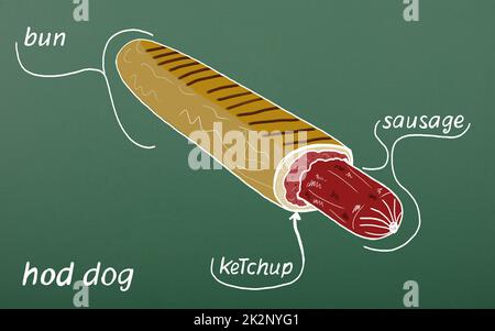 Gezogener Französischer Hot Dog. Wurst in einem Brötchen mit Ketchup auf grünem Tafelhintergrund Stockfoto