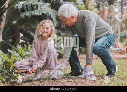 Großvater kennt die besten Gartengeheimnisse. Aufnahme eines entzückenden kleinen Mädchens, das mit ihrem Großvater im Garten arbeitet. Stockfoto