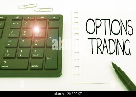 Textzeichen mit Optionen für den Handel. Geschäftskonzept verschiedene Optionen zur weltweiten Verbreitung von Waren oder Dienstleistungen Computertastatur und Symbol. Informationsmedium für Kommunikation. Stockfoto