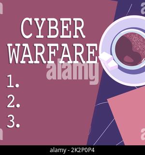 Konzeptunterschrift Cyber Warfare. Unternehmensübersicht Virtual war Hacker System greift Digital Thief Stalker Offee Cup an, der mit einem Notebook auf dem Schreibtisch sitzt, das einen entspannten Arbeitsplatz darstellt. Stockfoto