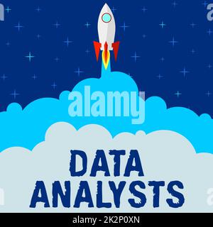 Textzeichen mit Datenanalysten. Geschäftsansatz Programmer Design and Create Report identifiziert Muster Raketenschiff startet schnell direkt in den Weltraum. Stockfoto