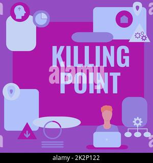 Das Schild zeigt den Zielpunkt an. Konzeptfoto Phase End Review Phase Gate Project Evaluation No Go man sitzt am Schreibtisch und präsentiert neue Technologien. Stockfoto