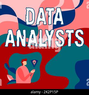 Textzeichen mit Datenanalysten. Geschäftsübersicht Programmer Design and Create Report identifiziert Muster Geschäftsmann, der mit dem Mobiltelefon Pläne zur Erreichung der neuesten Ziele macht. Stockfoto