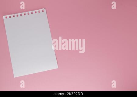Ein weißes Blatt Papier, das aus einem Notizbuch gerissen wurde, auf einem rosa Hintergrund mit einer Kopie des Platzes Stockfoto