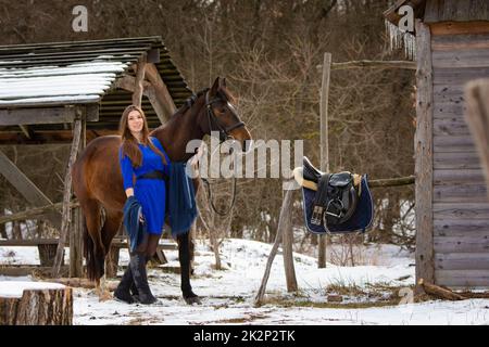 Ein schönes Mädchen in einem kurzen blauen Kleid geht mit einem Pferd in der Nähe der Farm im Winter Stockfoto