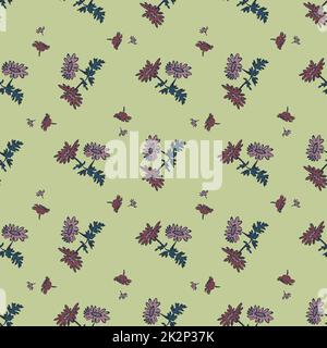 Zeichnen Sie mit der Hand blühende Wildblumen. Süßes abstraktes Blumenmuster im Hintergrund. Tapete mit botanischen Blumen. Vektorgrafik Design Mode, Textil, Verpackung, Aufdruck. Trendige Pastellfarben Stockfoto