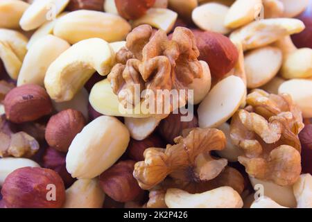 Detailgetreue Mischung aus Haselnüssen, Mandeln, Walnüssen, Cashews Stockfoto