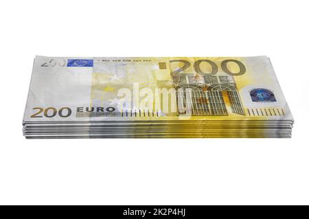 Geldstapel Euro, Geldstapel der europäischen Währung Euro, Geldstapel von 200 Euro-Banknoten. EU-Gelder Stockfoto