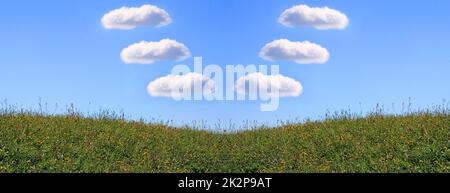 Sechs weiße Wolken wie V über einer Blumenwiese am blauen Himmel Stockfoto