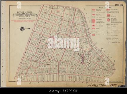 Kartografisch, Karten. 1955 - 1956. Lionel Pincus und Princess Firyal Map Division. Immobilien , New York (Bundesstaat) , New York (N.Y.), Manhattan (New York, N.Y.) Übersicht und Index Karte von Borough of Manhattan. Batterie bis 14. St. Stockfoto