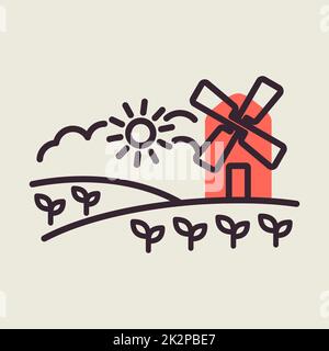 Ländliche Landschaft mit Windmühle, ein einsames Wahrzeichen Stockfoto