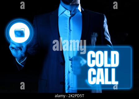 Konzeptunterschrift Cold Call. Wort für unaufgeforderten Anruf von jemandem, der versucht, Waren oder Dienstleistungen zu verkaufen Stockfoto