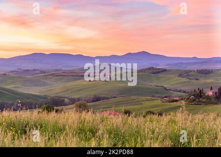 Landschaft bei Sonnenaufgang in der Toskana, Italien Stockfoto