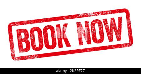 Roter Stempel auf weißem Hintergrund - Jetzt buchen Stockfoto