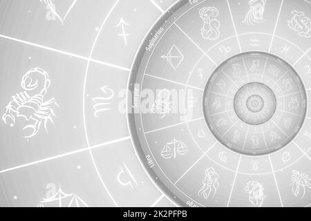 Astrologischer Hintergrund mit Sternzeichen und Symbol. Stockfoto