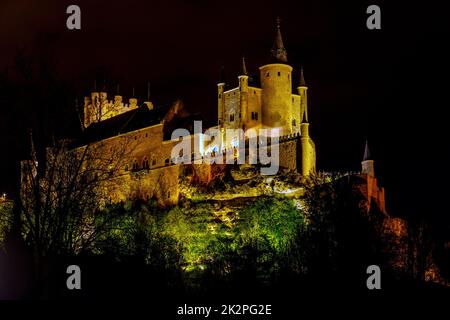 Segovia Alcazar Burg bei Nacht. Alten Königspalast in Segovia Spanien. Stockfoto