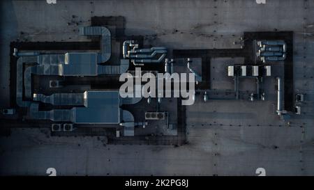 Klimaanlagen auf einem modernen Gebäude - Antenne/Drohne Blick auf dem Dach mit allen notwendigen Installationen Stockfoto