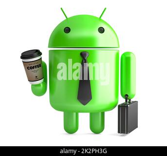 Android mit Kaffee und Aktentasche. 3D-Illustration. Isoliert. Illustratives Editorial. 15. Juli 2021 Stockfoto