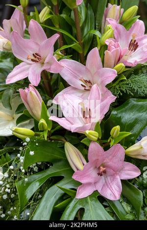 Hübsche Blumendekoration mit pinkfarbenen Lilienblumen Stockfoto