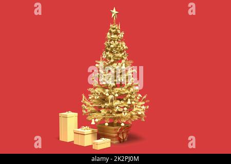 Golden dekorierter Weihnachtsbaum mit Geschenkschachteln. 3D-Rendering Stockfoto