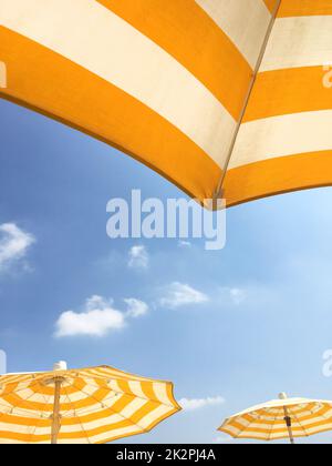 Gelbe Schirme am Strand Stockfoto