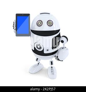 Roboter halten Handy. Isoliert auf weißem Hintergrund. Clipping-Pfad enthält Stockfoto