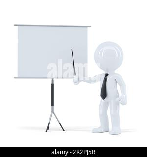 Business-Präsentation. 3D Mann stand vor einem leeren Brett. Isoliert. Clipping-Pfad der Szene und leere Kammer enthält Stockfoto