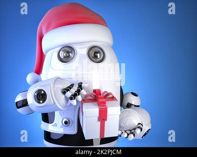 Roboter-Weihnachtsmann mit Weihnachts-Geschenk-Box. Weihnachten-Konzept. Clipping-Pfad enthält Stockfoto