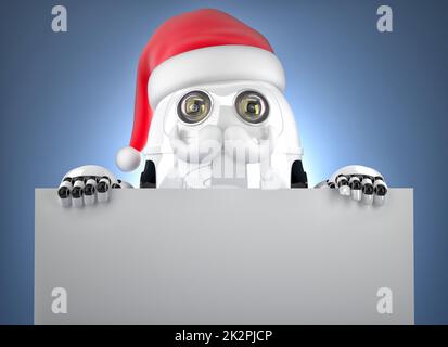 3D Roboter Santa zeigt leere Banner. Weihnachten-Konzept. Clipping-Pfad enthält Stockfoto