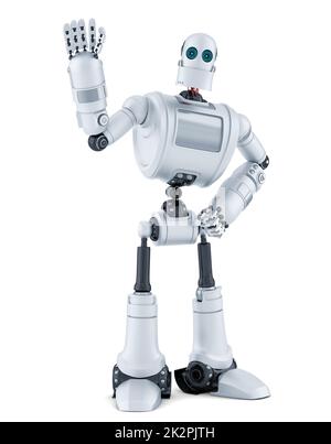 Roboter winkt Hallo. Isoliert. Enthält Beschneidungspfad. Stockfoto