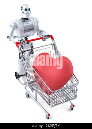 Roboter mit Warenkorb und riesigem rotem Herz. Isoliert. Enthält Beschneidungspfad Stockfoto