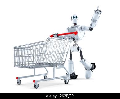 Roboter mit Warenkorb, der auf ein unsichtbares Objekt zeigt. Isoliert. Enthält Beschneidungspfad Stockfoto